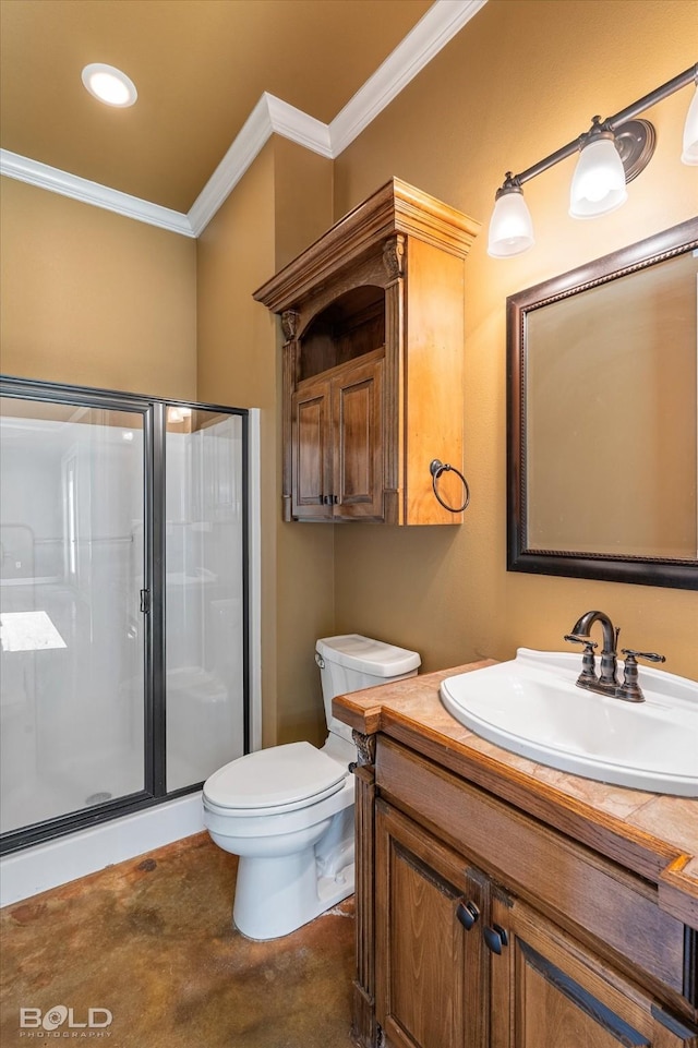 11 Chapel Creek Ln, Shreveport, LA 71106 - bathroom featuring vanity, crown molding, toilet, and a stall shower