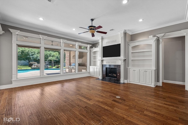 11 Chapel Creek Ln, Shreveport, LA 71106 - unfurnished living room with ceiling fan, a premium fireplace, wood finished floors, recessed lighting, and ornamental molding