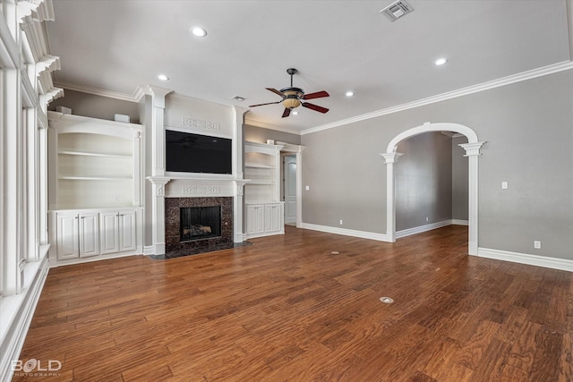 11 Chapel Creek Ln, Shreveport, LA 71106 - unfurnished living room with a ceiling fan, a high end fireplace, decorative columns, ornamental molding, and baseboards