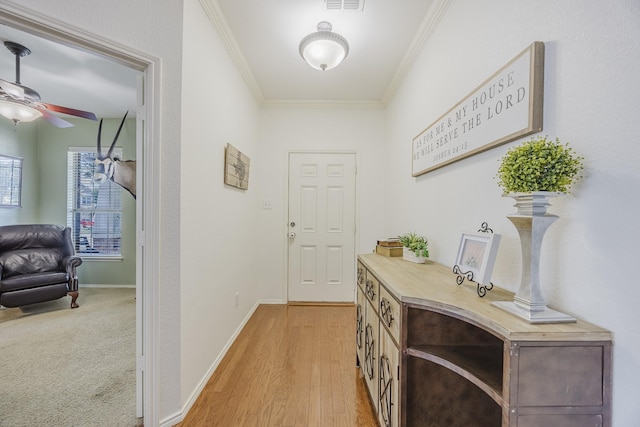 3949 Sunnygate Dr, Fort Worth, TX 76262 - doorway to outside featuring ornamental molding, ceiling fan, light wood-type flooring, and baseboards