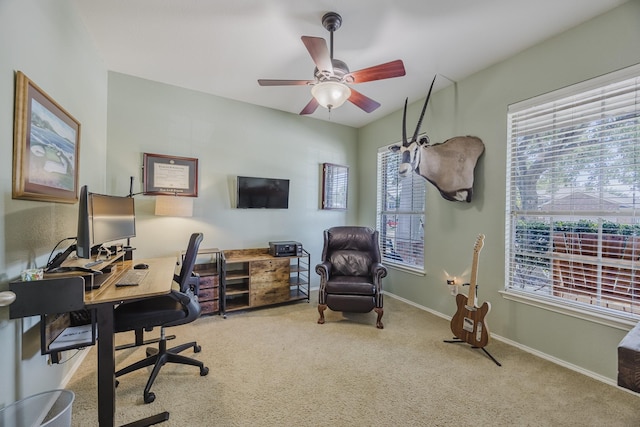 3949 Sunnygate Dr, Fort Worth, TX 76262 - carpeted home office featuring plenty of natural light, a ceiling fan, and baseboards