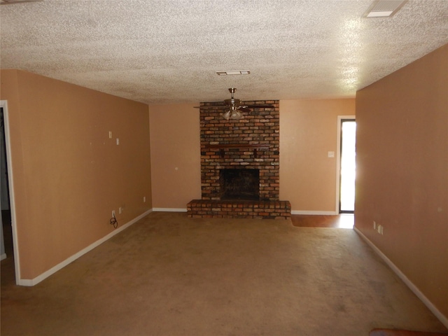 8157 Hobbs Dr, Shreveport, LA 71129 - unfurnished living room featuring visible vents, carpet flooring, a fireplace, a textured ceiling, and a ceiling fan