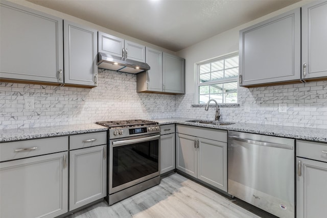 kitchen featuring gray cabinetry, stainless steel appliances, a sink, and under cabinet range hood