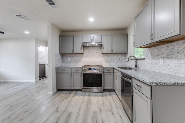 kitchen featuring gray cabinetry, stainless steel appliances, a sink, and visible vents