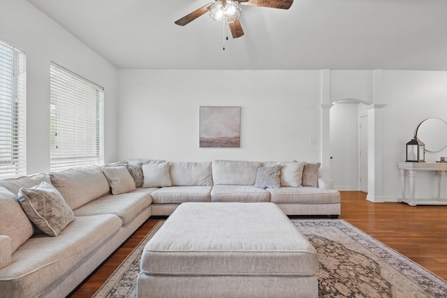 4610 Bluebird Ln, Mansfield, TX 76063 - living room with ceiling fan, wood finished floors, and ornate columns