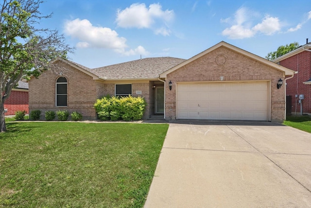 4610 Bluebird Ln, Mansfield, TX 76063 - single story home featuring brick siding, driveway, a front lawn, a garage, and a shingled roof