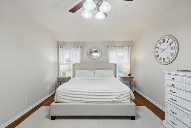 4610 Bluebird Ln, Mansfield, TX 76063 - bedroom with dark wood-style flooring, a ceiling fan, baseboards, and lofted ceiling