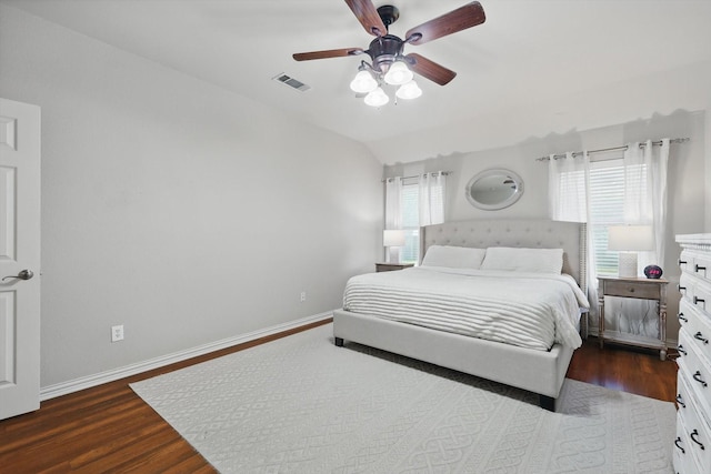 4610 Bluebird Ln, Mansfield, TX 76063 - bedroom featuring dark wood finished floors, vaulted ceiling, baseboards, and ceiling fan