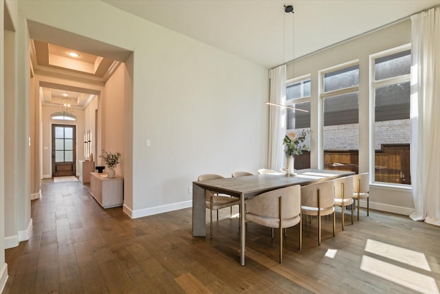 dining room featuring baseboards, a tray ceiling, and dark wood-style floors