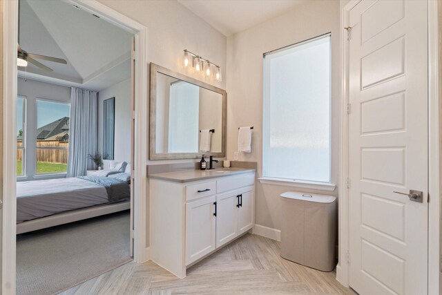 bathroom featuring vanity, a shower stall, recessed lighting, and a garden tub