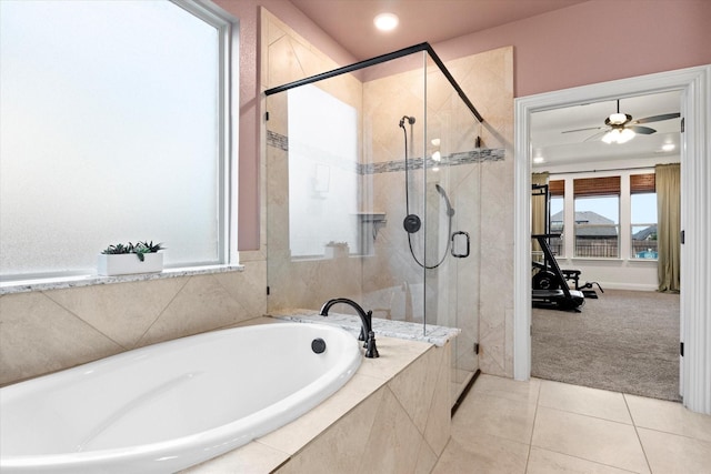 bathroom featuring a garden tub, recessed lighting, tile patterned floors, a ceiling fan, and a stall shower