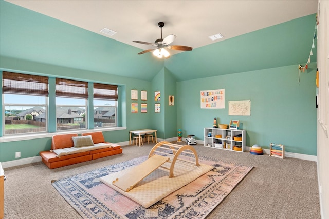 playroom featuring carpet floors, baseboards, a ceiling fan, and visible vents