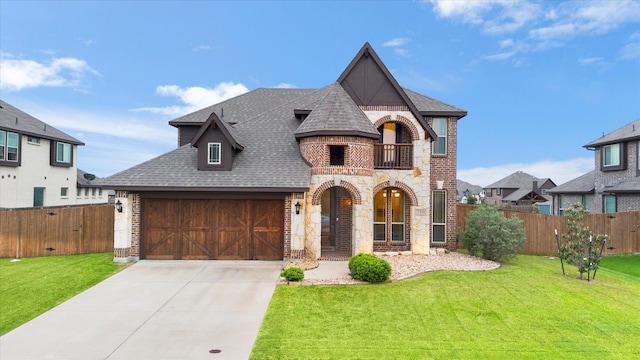 french country home featuring a shingled roof, fence, a balcony, and stone siding