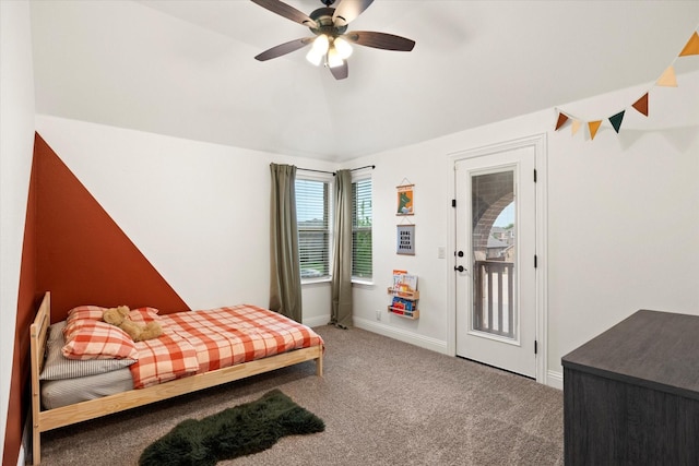 bedroom featuring carpet floors, baseboards, ceiling fan, and access to exterior