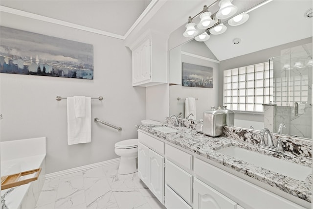 bathroom with toilet, a sink, marble finish floor, and a stall shower