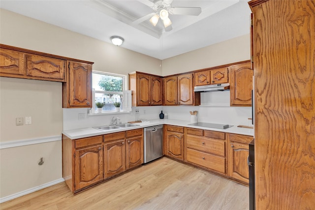 kitchen featuring black electric cooktop, brown cabinetry, under cabinet range hood, and dishwasher