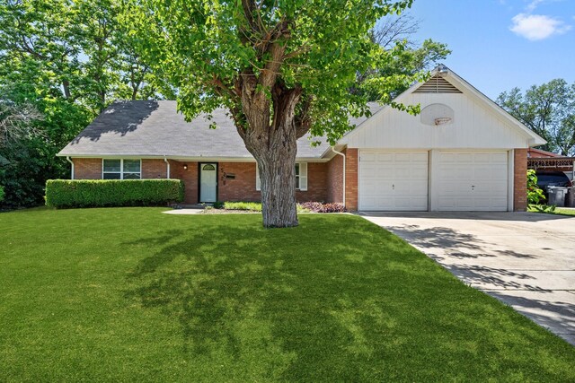 5228 Rutland Ave, Fort Worth, TX 76133 - view of front facade with an attached garage, brick siding, concrete driveway, and a front lawn