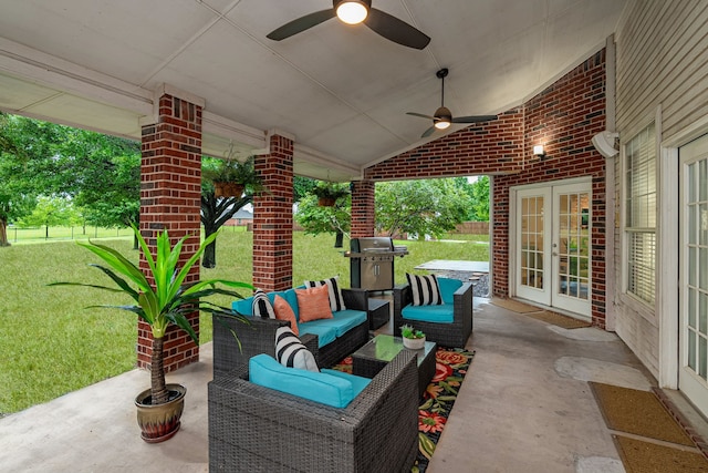 view of patio with a ceiling fan, french doors, a fenced backyard, and an outdoor hangout area