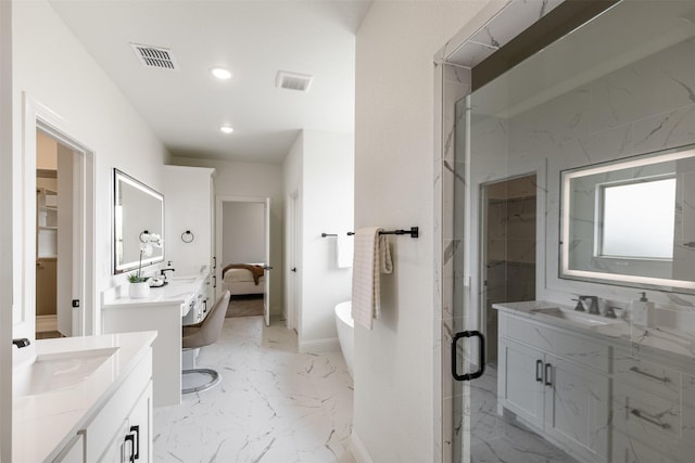 full bathroom with visible vents, a sink, marble finish floor, and baseboards