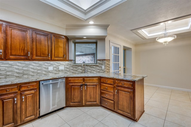 kitchen with stainless steel dishwasher, ornamental molding, light tile patterned flooring, tasteful backsplash, and a sink