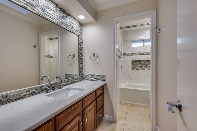 bathroom with vanity, decorative backsplash, ornamental molding, and tile patterned flooring