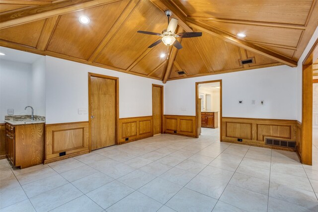 spare room with visible vents, wood ceiling, and a wainscoted wall