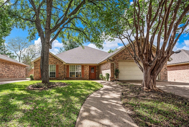 3133 Chimney Hill Dr, Waco, TX 76708 - ranch-style house featuring driveway, a garage, brick siding, a front lawn, and a shingled roof