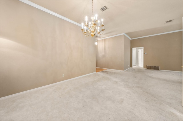 3133 Chimney Hill Dr, Waco, TX 76708 - carpeted spare room with visible vents, crown molding, and a chandelier