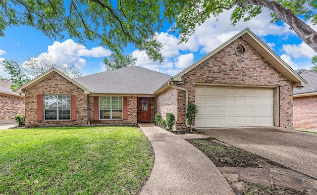 3133 Chimney Hill Dr, Waco, TX 76708 - ranch-style house featuring a garage, a front lawn, aphalt driveway, brick siding, and a shingled roof