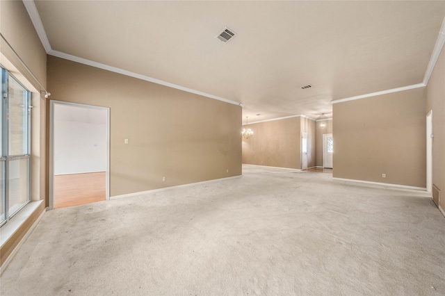 3133 Chimney Hill Dr, Waco, TX 76708 - spare room featuring baseboards, ornamental molding, light carpet, and visible vents