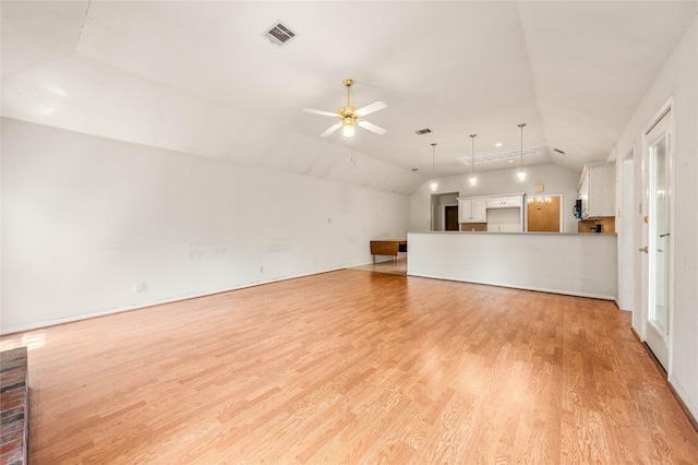 3133 Chimney Hill Dr, Waco, TX 76708 - unfurnished living room with a ceiling fan, visible vents, light wood-style flooring, and vaulted ceiling
