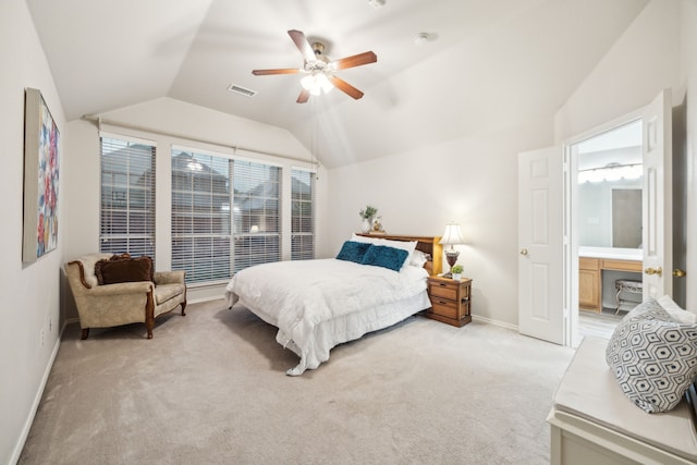 bedroom with visible vents, light carpet, baseboards, ceiling fan, and vaulted ceiling
