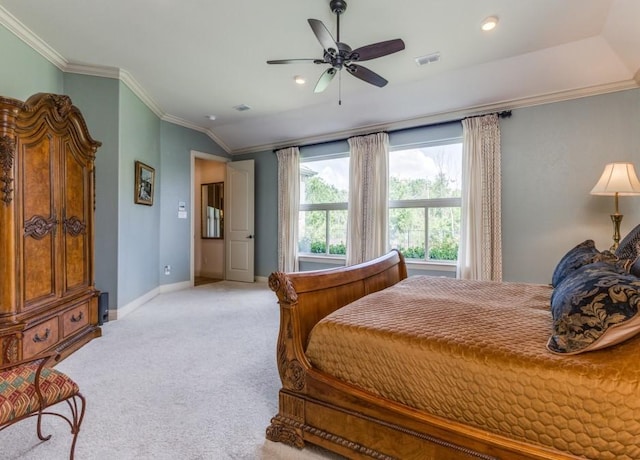 261 Chisholm Ranch Dr, Rockwall, TX 75032 - bedroom featuring visible vents, vaulted ceiling, baseboards, ornamental molding, and light carpet