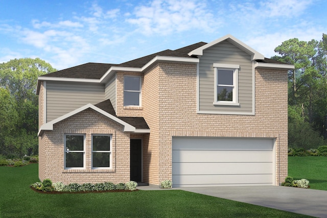 view of front facade featuring brick siding, a garage, driveway, and a front yard