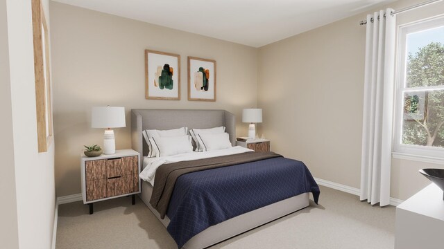carpeted bedroom with baseboards and multiple windows