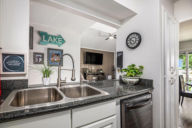 672 Harbor Dr, Azle, TX 76020 - kitchen featuring a sink, dishwasher, white cabinetry, ceiling fan, and open floor plan