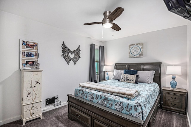 672 Harbor Dr, Azle, TX 76020 - bedroom with dark carpet, baseboards, and a ceiling fan