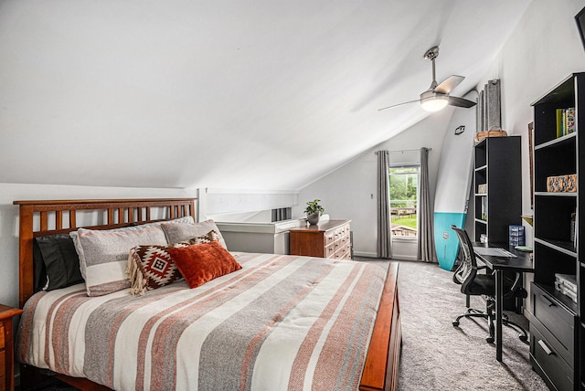 672 Harbor Dr, Azle, TX 76020 - carpeted bedroom with vaulted ceiling, an office area, and a ceiling fan
