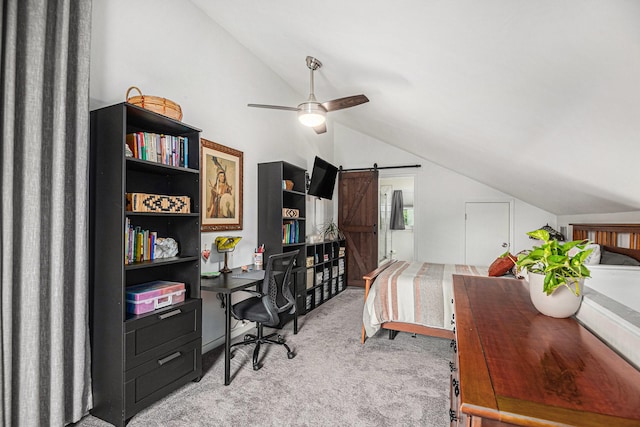 672 Harbor Dr, Azle, TX 76020 - bedroom with vaulted ceiling, light colored carpet, an office area, and a barn door