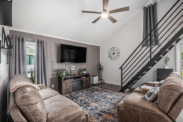 672 Harbor Dr, Azle, TX 76020 - living area featuring stairway, wood finished floors, a ceiling fan, baseboards, and high vaulted ceiling