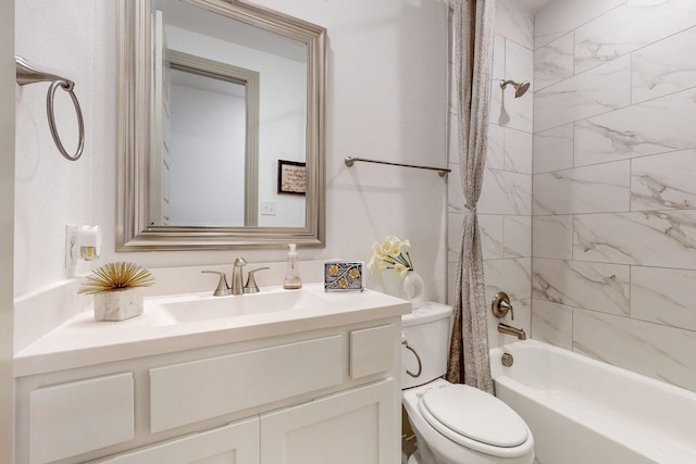 full bath with toilet, shower / tub combo with curtain, and vanity