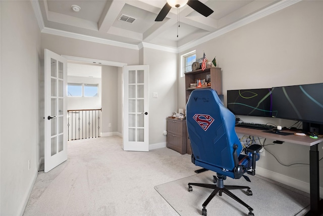 2308 Topaz Dr, Rockwall, TX 75087 - carpeted home office with ceiling fan, beam ceiling, french doors, visible vents, and coffered ceiling
