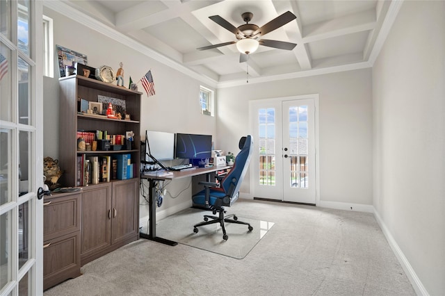 2308 Topaz Dr, Rockwall, TX 75087 - office featuring beam ceiling, baseboards, french doors, carpet flooring, and coffered ceiling