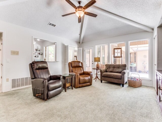 carpeted living area with plenty of natural light, a textured ceiling, and ceiling fan