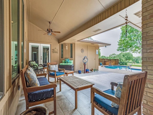 view of patio / terrace with french doors, ceiling fan, and an outdoor hangout area