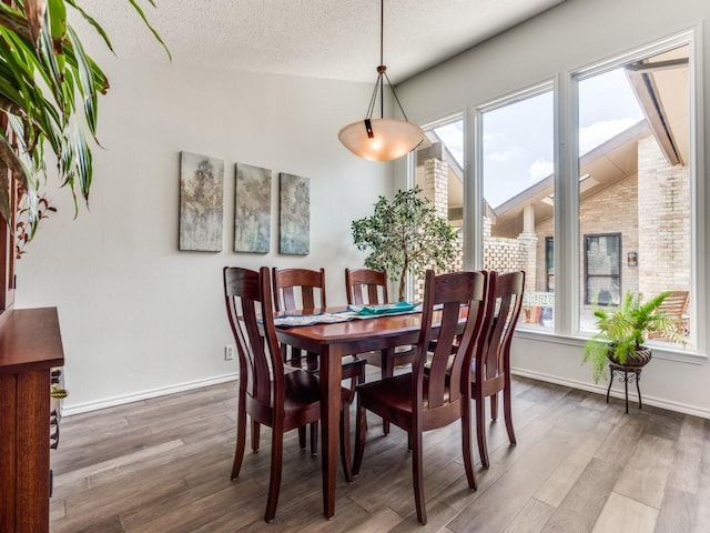 dining space featuring plenty of natural light, lofted ceiling, wood finished floors, baseboards, and a textured ceiling