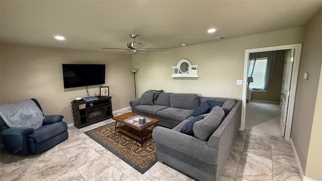 407 S Lakewood Cir, Lake Bridgeport, TX 76426 - living room with a ceiling fan, baseboards, and recessed lighting