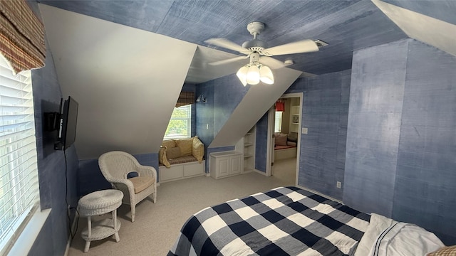 407 S Lakewood Cir, Lake Bridgeport, TX 76426 - bedroom with vaulted ceiling, a ceiling fan, and carpet floors