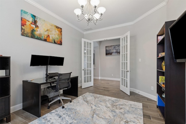 office area with ornamental molding, wood finished floors, baseboards, a chandelier, and french doors