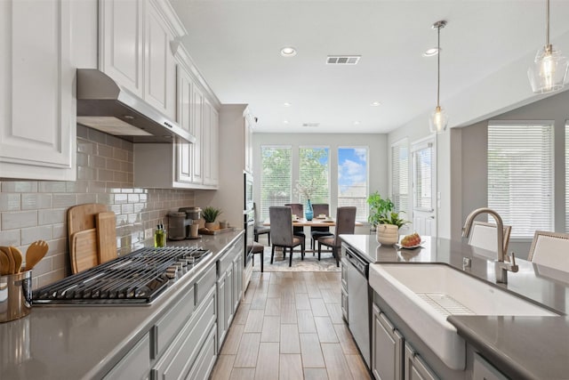 kitchen with decorative backsplash, decorative light fixtures, a sink, under cabinet range hood, and stainless steel appliances